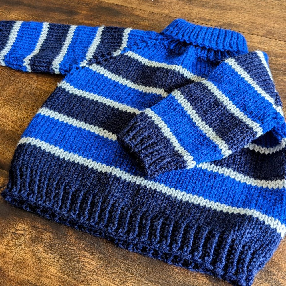 Blue striped Overseized long sleeved Hand knit sweater pullover with turtle neck